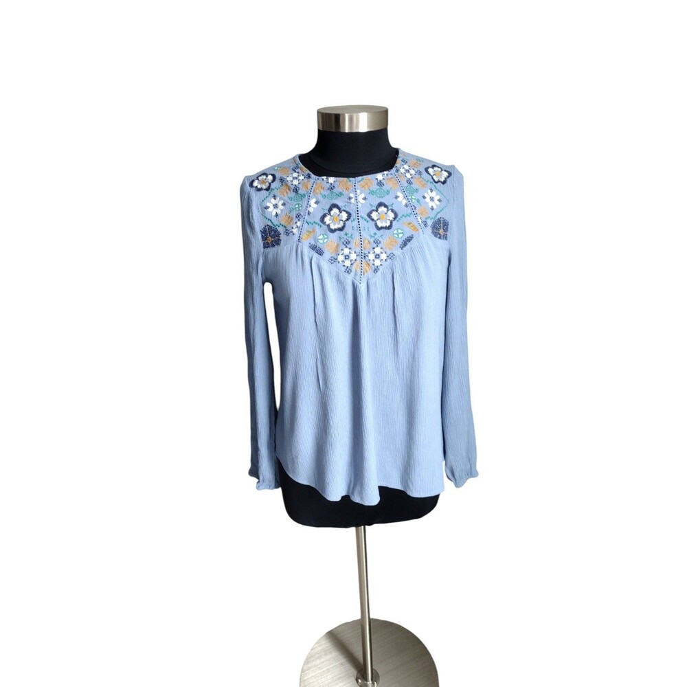 Harper Heritage Blouse Women Small Embroidered Floral Long Sleeve Boho Crinkle